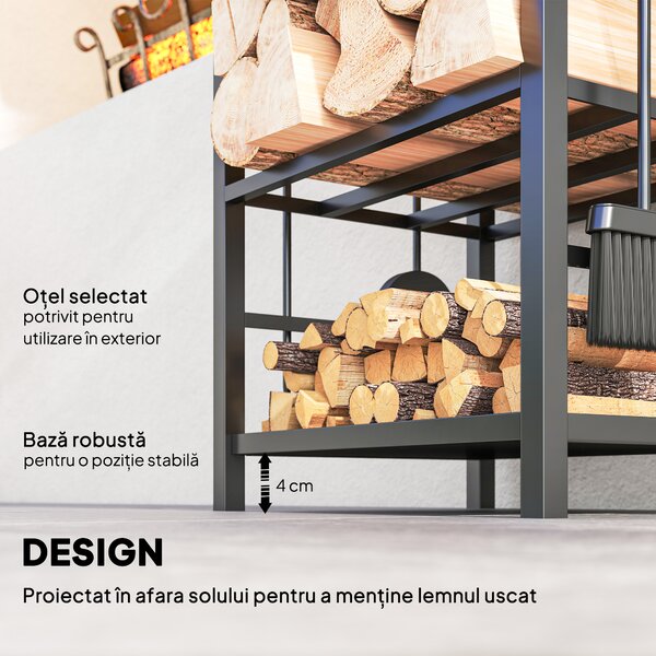 Outsunny Caseta pentru Lemne cu Set Unelte pentru Semineu in Otel Negru 40 x 30 x 74.5 cm