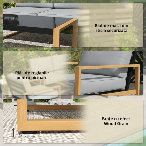 Outsunny Set Mobilier de Grădină din 4 Piese, cu Canapea de 2 Locuri, 2 Fotolii și Măsuță de Cafea, 123.5x75x73 cm, Gri | Aosom Romania