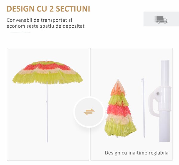 Outsunny Umbrelă Hawaiană Portabilă, Acoperitoare Ø160cm, Impermeabilă, Înălțime până la 180cm