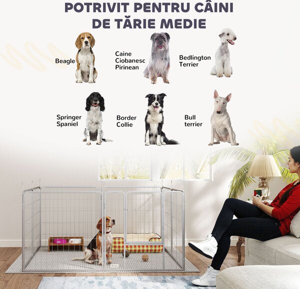 PawHut Țarc pentru Animale de Companie din 8 Panouri, Pliabil și Portabil, 160x160x80 cm, Argintiu | Aosom Romania