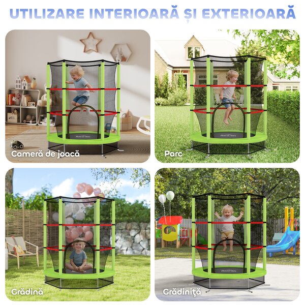 HOMCOM Saltea Elastică pentru Copii 3-6 Ani cu Plasă de Protecție, 6 Stâlpi și 3 Intrări, Ø140x190 cm, Verde | Aosom Romania