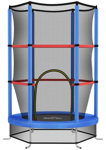 HOMCOM Saltea Elastică pentru Copii 3-6 Ani cu Plasă de Protecție, 6 Stâlpi și 3 Intrări, Ø140x190 cm, Albastru | Aosom Romania