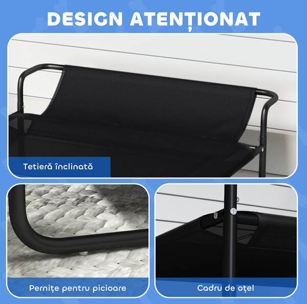PawHut Pat Ridicat pentru Câini, Pat de Camping pentru Câini și Pisici cu Tetieră, Material Texteline Respirabil, pentru Interior și Exterior, 106 x 81 x 33 cm, Negru | Aosom Romania
