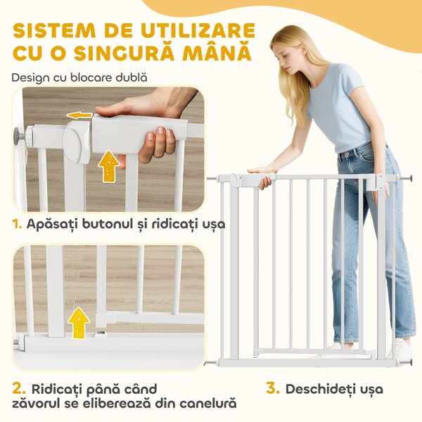 PawHut Poartă de Siguranță pentru Copii și Animale, Poartă pentru Câini cu Închidere Automată, Deschidere în Ambele Direcții, Montare prin Presiune, 76-82x76 cm, Alb | Aosom Romania