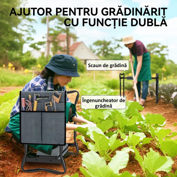 Outsunny Genuncheră și Bancă de Grădină Pliabilă 2 în 1, Culoare Verde Negru | Aosom Romania