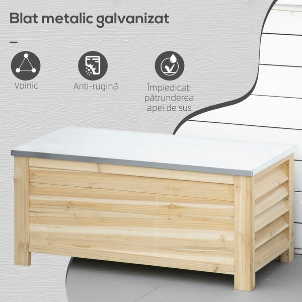 Outsunny Ladă de Depozitare Exterior din Lemn cu Capac Metalic Galvanizat și Design cu Șipci 110x50x50 cm Lemn Natural | Aosom Romania