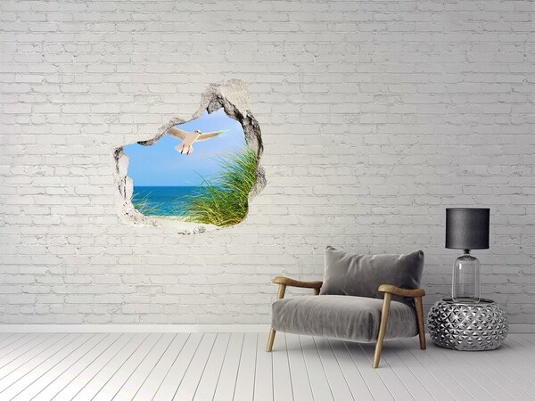 Autocolant de perete gaură 3D Vedere a plajei cu un pescăruș