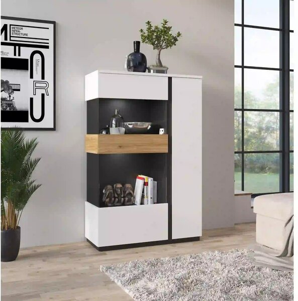 Vitrina DUKE, alb/stejar, PAL laminat/sticla, 98x40x150 cm