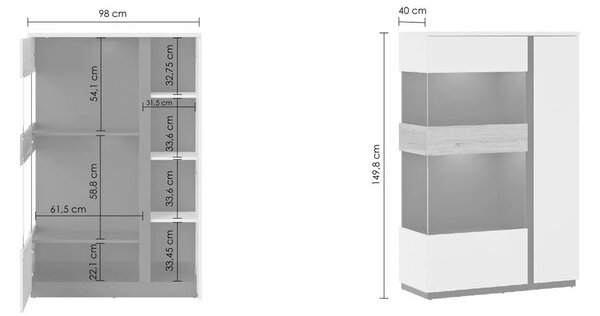 Vitrina DUKE, alb/stejar, PAL laminat/sticla, 98x40x150 cm