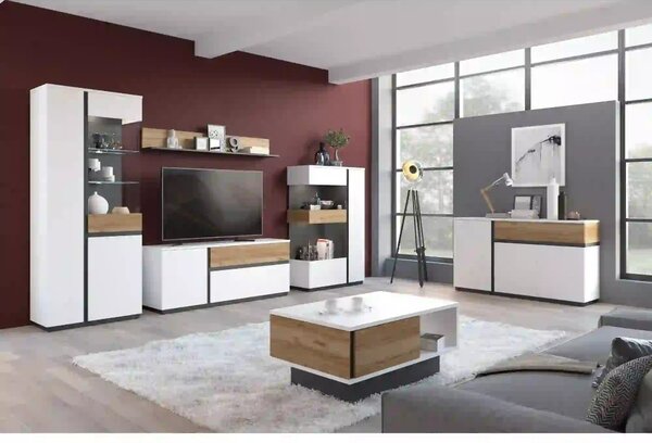 Vitrina DUKE, alb/stejar, PAL laminat/sticla, 98x40x150 cm