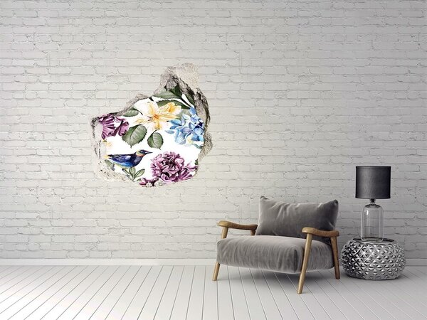 Autocolant un zid spart cu priveliște Paradisul florilor cu o pasăre