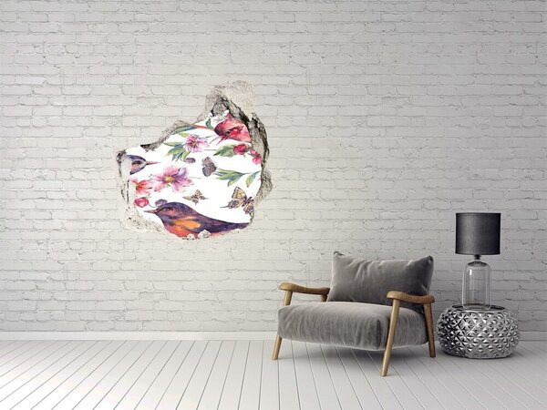 Autocolant 3D gaura cu priveliște Un paradis floral cu păsări și fluturi