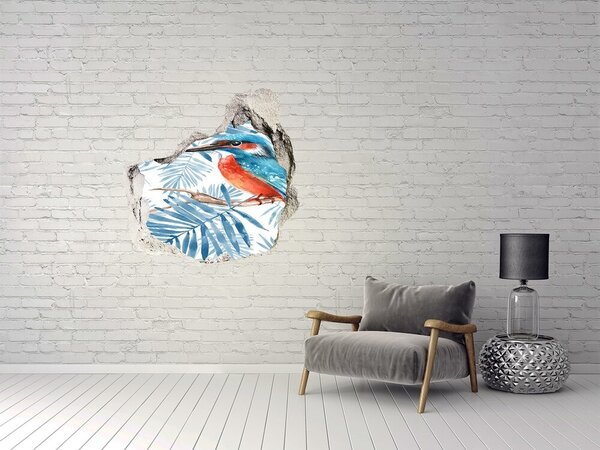Autocolant de perete gaură 3D Pasăre tropicală printre frunze