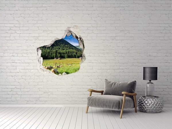 Autocolant de perete gaură 3D Vale verde cu oi
