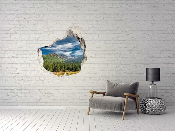 Fototapet 3D gaură în perete Peisaj montan cu pădure