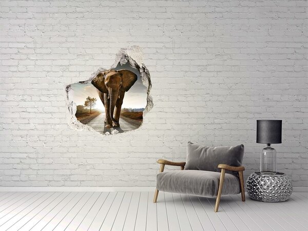 Autocolant de perete gaură 3D Elefant pe drum în junglă