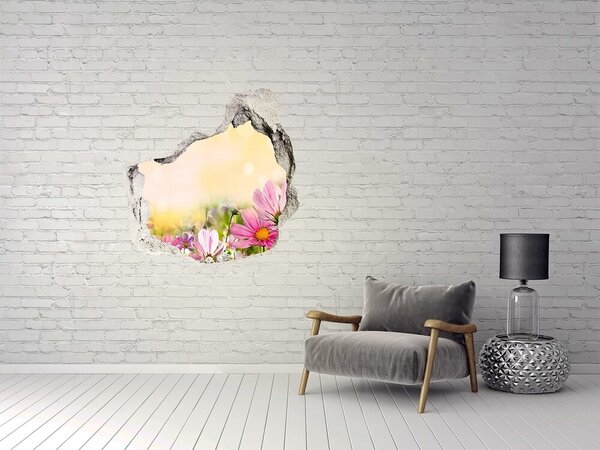 Autocolant de perete gaură 3D Un peisaj floral în spatele unei găuri în perete