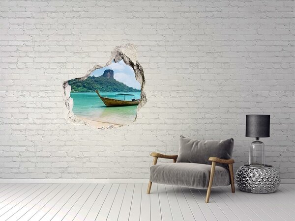 Autocolant de perete gaură 3D Plajă paradisiac cu o barcă