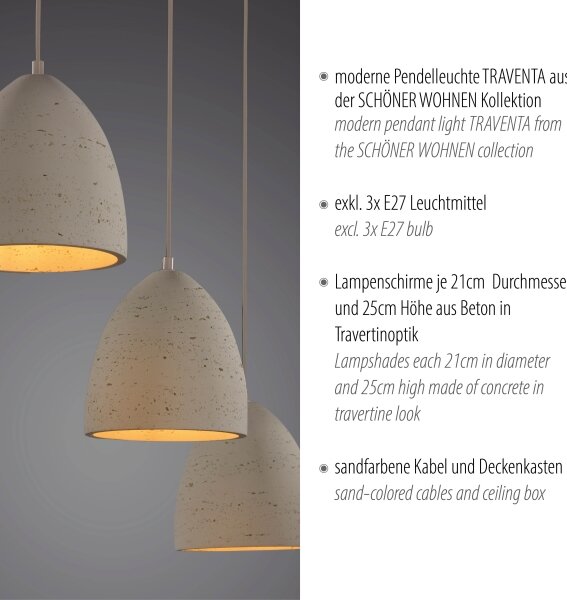 Schöner Wohnen 12541-42 - Lustră pe cablu TRAVENTA, 3 x E27/40W/230V, beton