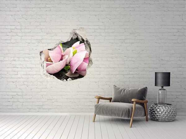 Autocolant un zid spart cu priveliște Flori de magnolie printr-o gaură în perete