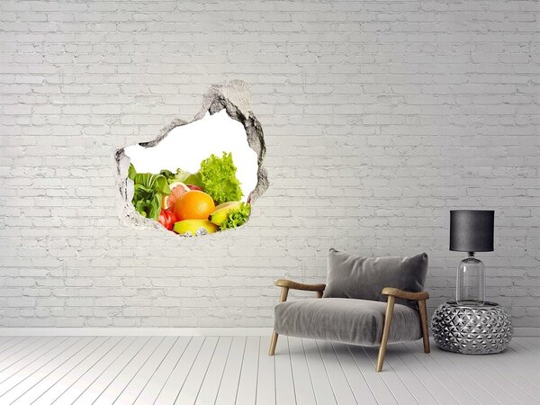 Autocolant de perete gaură 3D Fructe și legume într-o gaură în perete