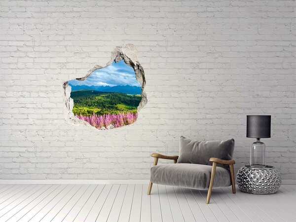 Fototapet 3D gaură în perete Peisaj montan cu flori