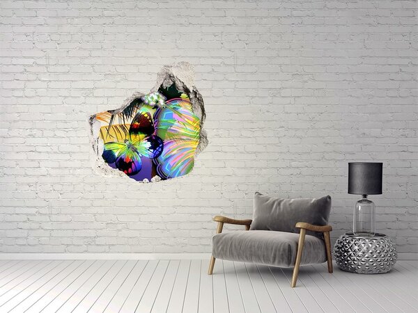 Autocolant 3D gaura cu priveliște Un fluture colorat într-o gaură din perete