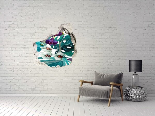 Autocolant 3D gaura cu priveliște Grădină tropicală cu gaură în perete