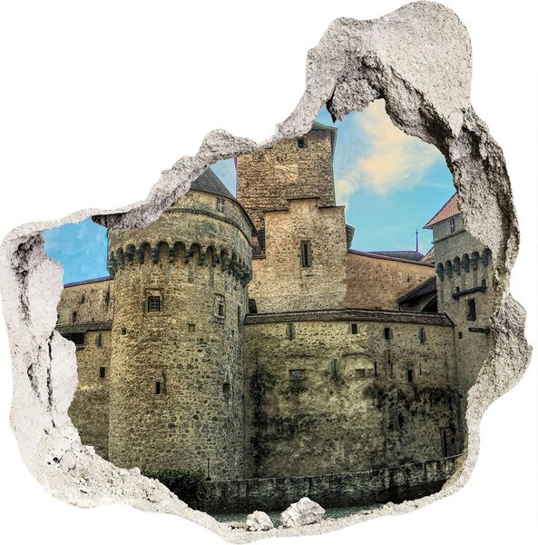 Fototapet un zid spart cu priveliște Castelul din Elveția