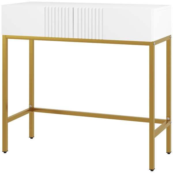 HOMCOM Masă Consolă cu 2 Sertare, Masă Modernă de Intrare cu Bază din Oțel în Ton Auriu, 80x31.5x75 cm, Alb | Aosom Romania