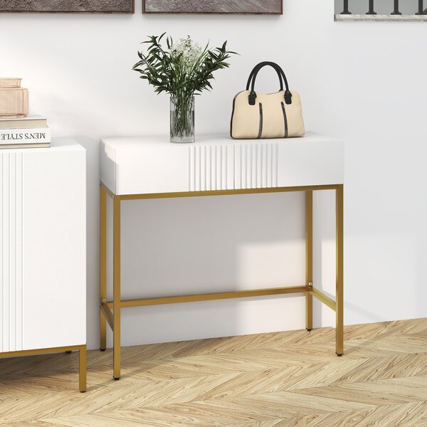 HOMCOM Masă Consolă cu 2 Sertare, Masă Modernă de Intrare cu Bază din Oțel în Ton Auriu, 80x31.5x75 cm, Alb | Aosom Romania