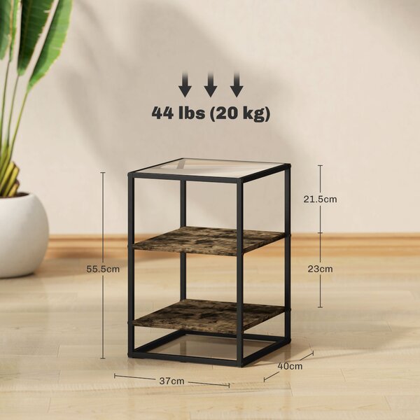 HOMCOM Set 2 Măsuțe cu 3 Niveluri și Bază Înălțată, Măsuțe din Lemn, Metal și Blat din Sticlă Călită, 37x40x55,5 cm, Maro | Aosom Romania