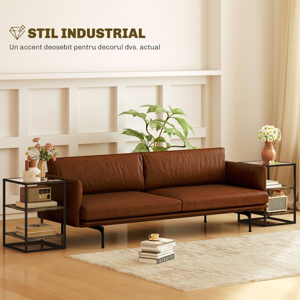 HOMCOM Set 2 Măsuțe cu 3 Niveluri și Bază Înălțată, Măsuțe din Lemn, Metal și Blat din Sticlă Călită, 37x40x55,5 cm, Maro | Aosom Romania