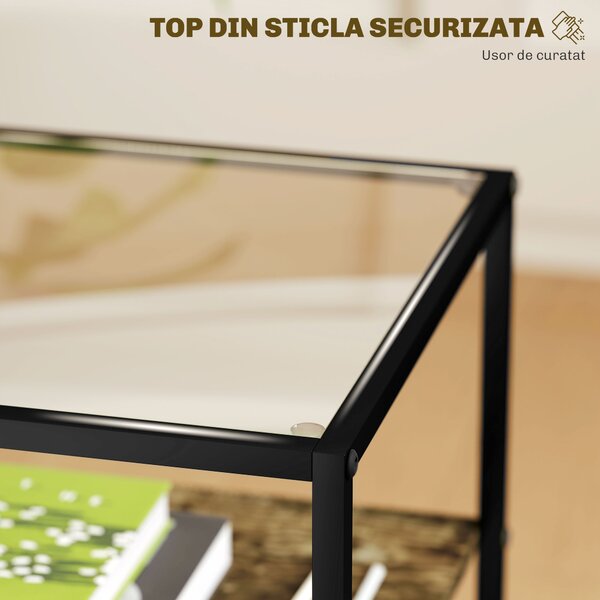 HOMCOM Set 2 Măsuțe cu 3 Niveluri și Bază Înălțată, Măsuțe din Lemn, Metal și Blat din Sticlă Călită, 37x40x55,5 cm, Maro | Aosom Romania