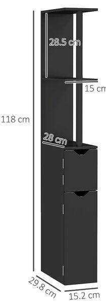 Kleankin Coloană de Baie cu 2 Rafturi și 2 Dulapuri, Mobilier Înalt de Baie Spațios din MDF, 15,2x29,8x118 cm, Negru | Aosom Romania
