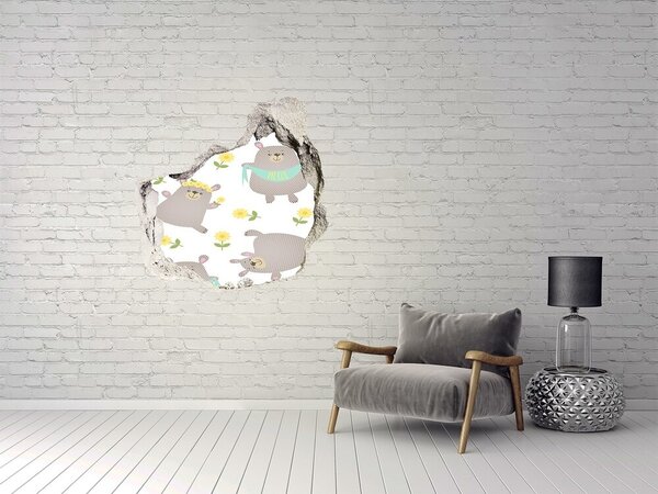 Autocolant de perete gaură 3D Ursuleți de pluș zâmbitori într-un decor floral