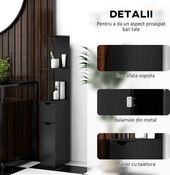 Kleankin Coloană de Baie cu 2 Rafturi și 2 Dulapuri, Mobilier Înalt de Baie Spațios din MDF, 15,2x29,8x118 cm, Negru | Aosom Romania