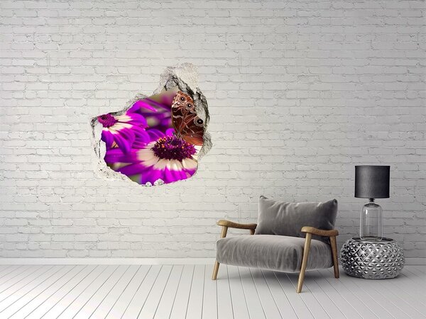 Autocolant 3D gaura cu priveliște Fluture pe flori într-o gaură din perete