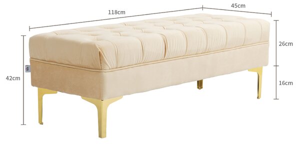 HOMCOM Bancă cu Husă Capitonată, Bancă Tapițată din Catifea cu Picioare Metalice, 118x45x42 cm, Bej | Aosom Romania