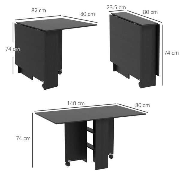 HOMCOM Masă Pliabilă, Masă Rabatabilă pentru 4-6 Persoane cu 2 Rafturi și 2 Roți, din Lemn și Metal, 140x80x74 cm, Negru | Aosom Romania