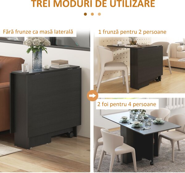 HOMCOM Masă Pliabilă, Masă Rabatabilă pentru 4-6 Persoane cu 2 Rafturi și 2 Roți, din Lemn și Metal, 140x80x74 cm, Negru | Aosom Romania
