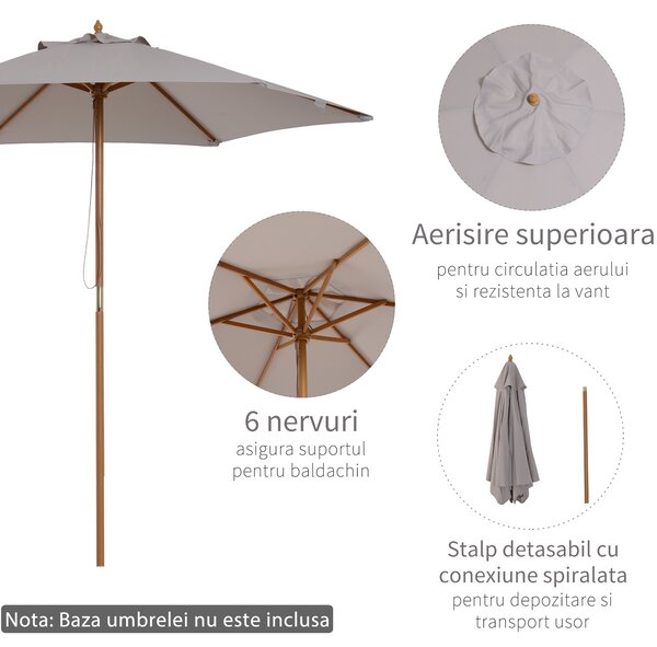 Outsunny Umbrelă de Grădină 2.5x2.3m Parasolar cu 6 Nervuri din Lemn și Poliester Crem | Aosom Romania