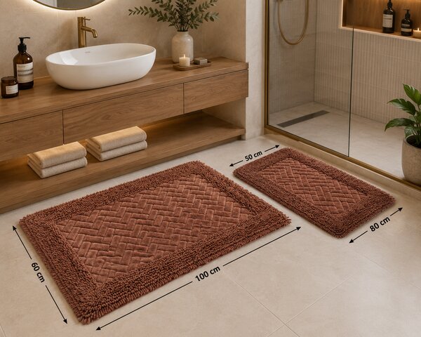 Set Covor baie, Covor 100% Bumbac, Dimensiunea 60x100 50x80 cm, Maro 60 x 100/ 50 x 80