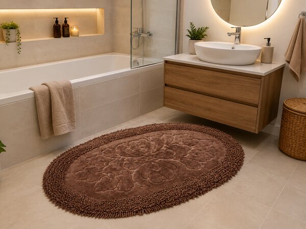 Set Covor baie Oval, Covor 100% Bumbac, Dimensiunea 60x100 50x80 cm, Maro 60 x 100/ 50 x 80