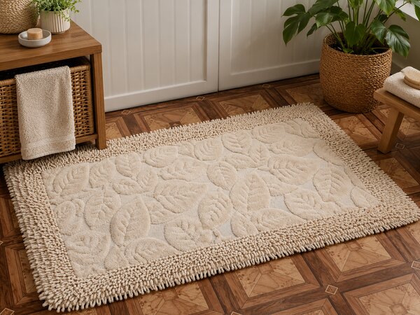 Covor baie, Leaves Cappuccino, Covor 100% Bumbac, Dimensiunea 60x100 50x80 cm, Cappuccino 60 x 100/50 x 80