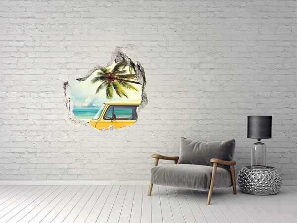 Fototapet un zid spart cu priveliște Oază tropicală cu o mașină galbenă