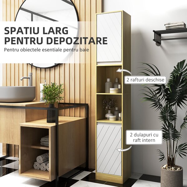 HOMCOM Dulap Baie Înalt Spațios, Mobilier de Baie cu 2 Dulapuri și Rafturi Reglabile, 30x24x170 cm, Lemn Natural | Aosom Romania