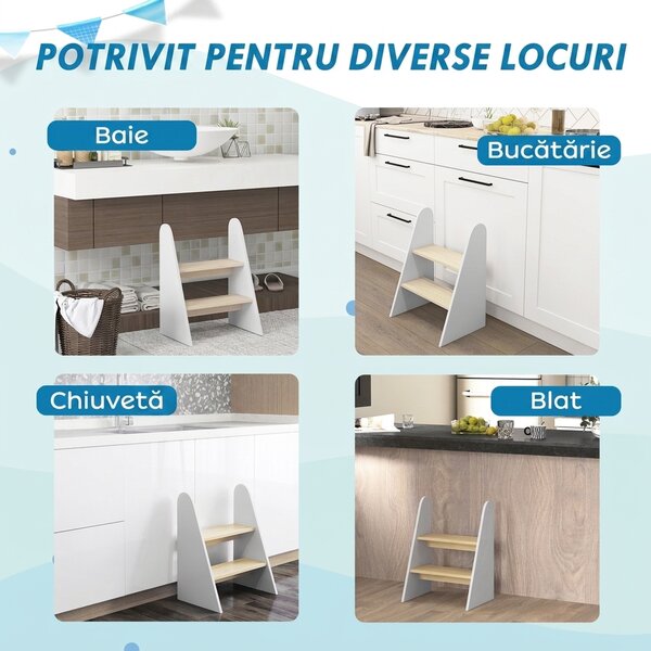 AIYAPLAY Taburet Montessori pentru Copii cu 2 Trepte, Scăunel pentru 3-8 Ani cu Margini Rotunjite, Alb | Aosom Romania