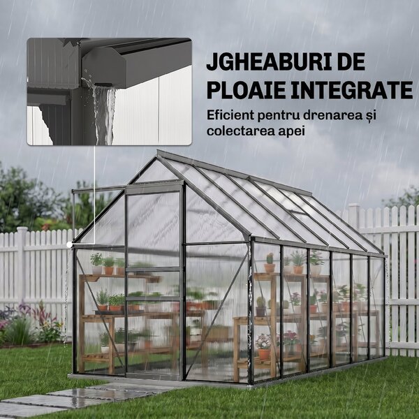 Outsunny Seră de grădină din policarbonat, 7,1 m², cu cadru din aliaj de aluminiu, jgheaburi, ferestre reglabile și ușă glisantă | Aosom Romania
