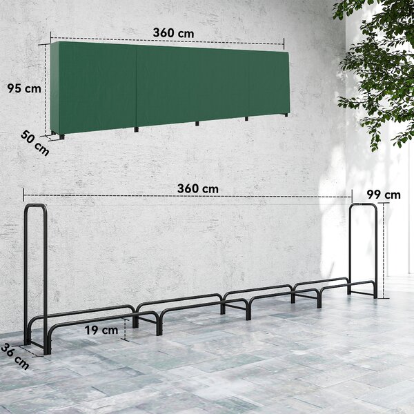 Outsunny Suport pentru Lemne 1 m³, Reglabil, cu Husă Impermeabilă din PE, Metal, 360 x 36 x 99 cm, Negru și Verde Închis | Aosom Romania